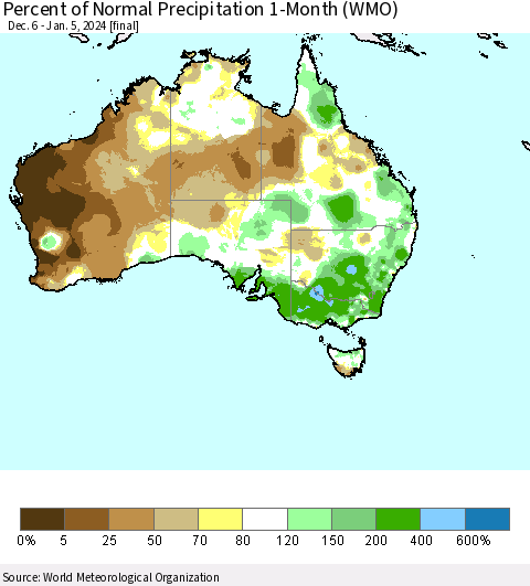 Australia Percent of Normal Precipitation 1-Month (WMO) Thematic Map For 12/6/2023 - 1/5/2024