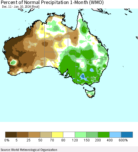 Australia Percent of Normal Precipitation 1-Month (WMO) Thematic Map For 12/11/2023 - 1/10/2024