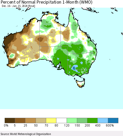 Australia Percent of Normal Precipitation 1-Month (WMO) Thematic Map For 12/16/2023 - 1/15/2024