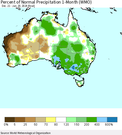 Australia Percent of Normal Precipitation 1-Month (WMO) Thematic Map For 12/21/2023 - 1/20/2024