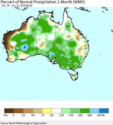 Australia Percent of Normal Precipitation 1-Month (WMO) Thematic Map For 12/26/2023 - 1/25/2024