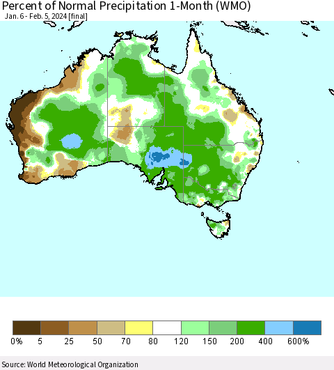 Australia Percent of Normal Precipitation 1-Month (WMO) Thematic Map For 1/6/2024 - 2/5/2024