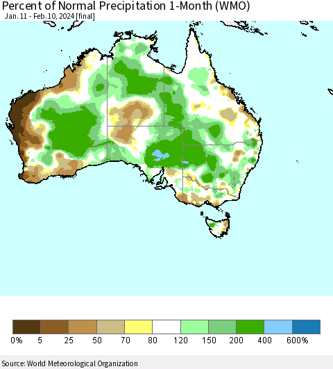 Australia Percent of Normal Precipitation 1-Month (WMO) Thematic Map For 1/11/2024 - 2/10/2024