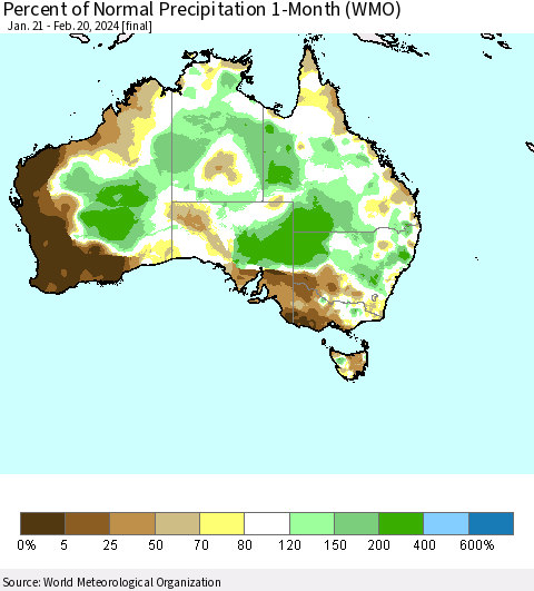 Australia Percent of Normal Precipitation 1-Month (WMO) Thematic Map For 1/21/2024 - 2/20/2024