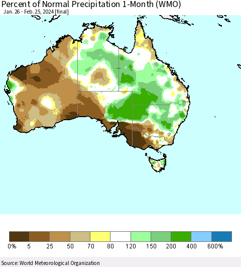 Australia Percent of Normal Precipitation 1-Month (WMO) Thematic Map For 1/26/2024 - 2/25/2024
