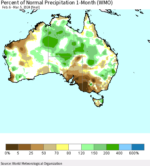Australia Percent of Normal Precipitation 1-Month (WMO) Thematic Map For 2/6/2024 - 3/5/2024