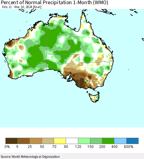 Australia Percent of Normal Precipitation 1-Month (WMO) Thematic Map For 2/11/2024 - 3/10/2024