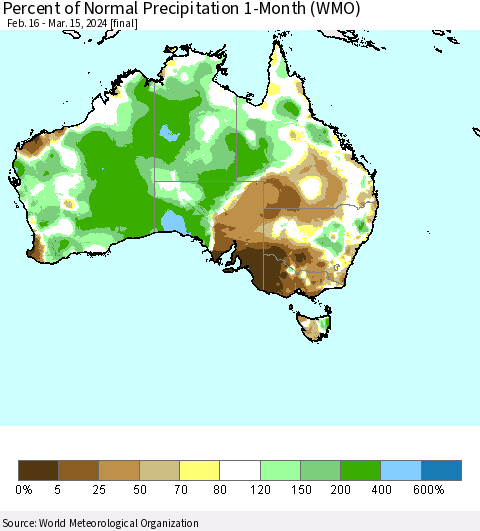 Australia Percent of Normal Precipitation 1-Month (WMO) Thematic Map For 2/16/2024 - 3/15/2024