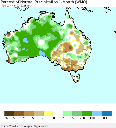 Australia Percent of Normal Precipitation 1-Month (WMO) Thematic Map For 2/21/2024 - 3/20/2024