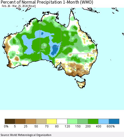 Australia Percent of Normal Precipitation 1-Month (WMO) Thematic Map For 2/26/2024 - 3/25/2024