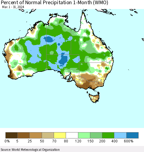 Australia Percent of Normal Precipitation 1-Month (WMO) Thematic Map For 3/1/2024 - 3/31/2024