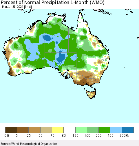 Australia Percent of Normal Precipitation 1-Month (WMO) Thematic Map For 3/1/2024 - 3/31/2024