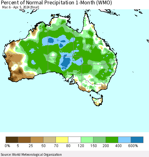 Australia Percent of Normal Precipitation 1-Month (WMO) Thematic Map For 3/6/2024 - 4/5/2024