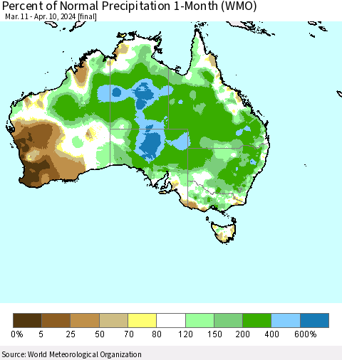 Australia Percent of Normal Precipitation 1-Month (WMO) Thematic Map For 3/11/2024 - 4/10/2024