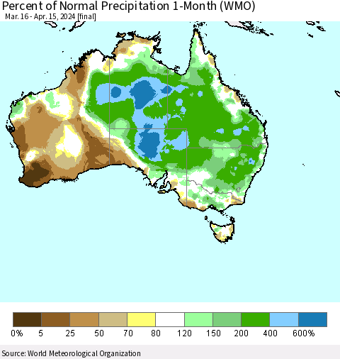 Australia Percent of Normal Precipitation 1-Month (WMO) Thematic Map For 3/16/2024 - 4/15/2024
