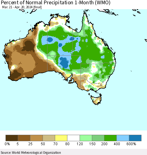 Australia Percent of Normal Precipitation 1-Month (WMO) Thematic Map For 3/21/2024 - 4/20/2024