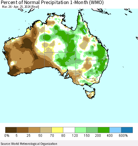 Australia Percent of Normal Precipitation 1-Month (WMO) Thematic Map For 3/26/2024 - 4/25/2024