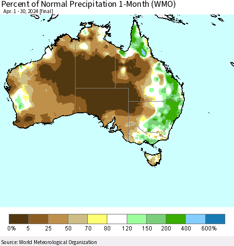 Australia Percent of Normal Precipitation 1-Month (WMO) Thematic Map For 4/1/2024 - 4/30/2024