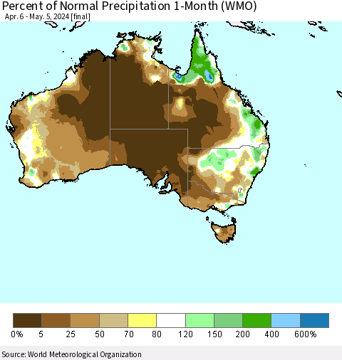 Australia Percent of Normal Precipitation 1-Month (WMO) Thematic Map For 4/6/2024 - 5/5/2024