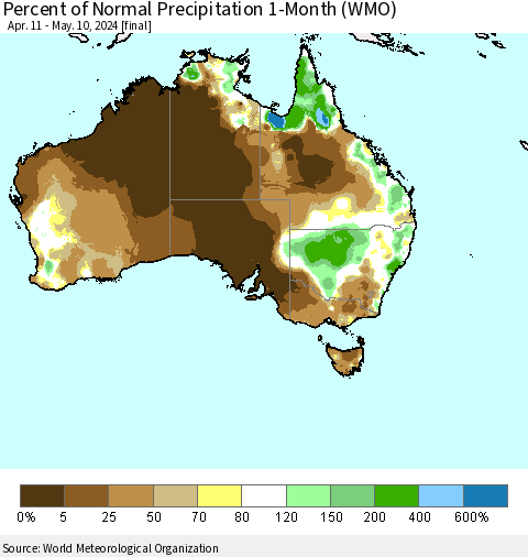 Australia Percent of Normal Precipitation 1-Month (WMO) Thematic Map For 4/11/2024 - 5/10/2024