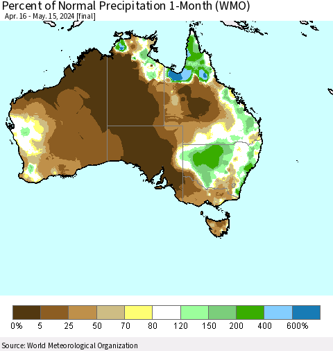 Australia Percent of Normal Precipitation 1-Month (WMO) Thematic Map For 4/16/2024 - 5/15/2024