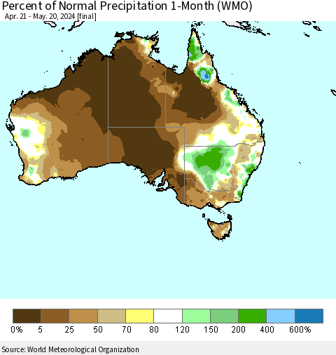 Australia Percent of Normal Precipitation 1-Month (WMO) Thematic Map For 4/21/2024 - 5/20/2024