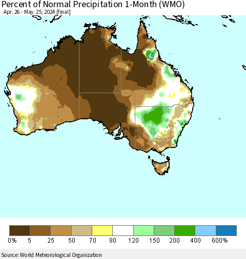 Australia Percent of Normal Precipitation 1-Month (WMO) Thematic Map For 4/26/2024 - 5/25/2024
