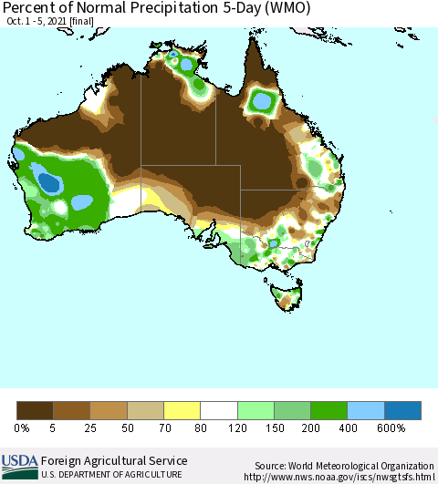 Australia Percent of Normal Precipitation 5-Day (WMO) Thematic Map For 10/1/2021 - 10/5/2021
