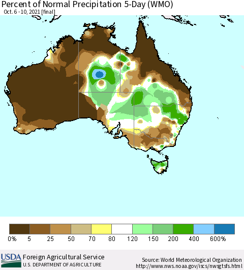 Australia Percent of Normal Precipitation 5-Day (WMO) Thematic Map For 10/6/2021 - 10/10/2021