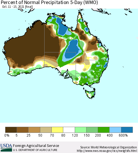 Australia Percent of Normal Precipitation 5-Day (WMO) Thematic Map For 10/11/2021 - 10/15/2021
