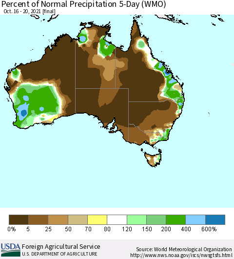 Australia Percent of Normal Precipitation 5-Day (WMO) Thematic Map For 10/16/2021 - 10/20/2021