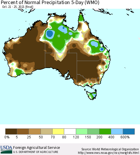 Australia Percent of Normal Precipitation 5-Day (WMO) Thematic Map For 10/21/2021 - 10/25/2021