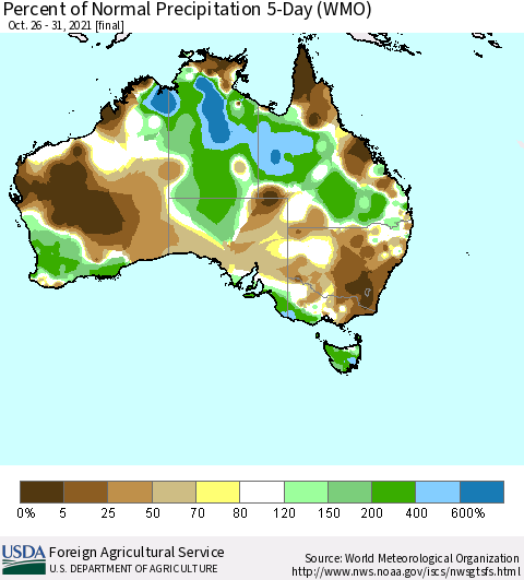 Australia Percent of Normal Precipitation 5-Day (WMO) Thematic Map For 10/26/2021 - 10/31/2021