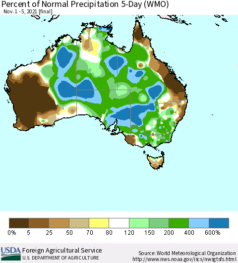 Australia Percent of Normal Precipitation 5-Day (WMO) Thematic Map For 11/1/2021 - 11/5/2021