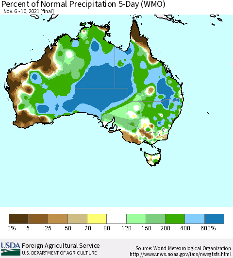 Australia Percent of Normal Precipitation 5-Day (WMO) Thematic Map For 11/6/2021 - 11/10/2021