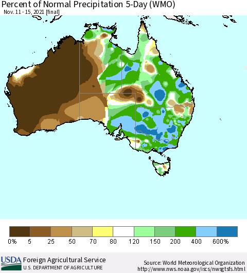Australia Percent of Normal Precipitation 5-Day (WMO) Thematic Map For 11/11/2021 - 11/15/2021