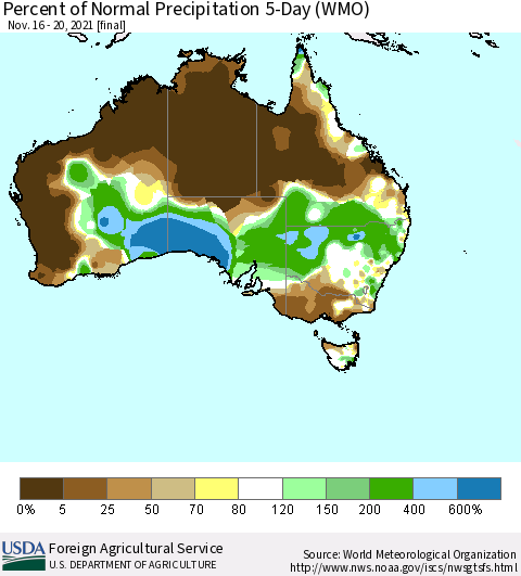 Australia Percent of Normal Precipitation 5-Day (WMO) Thematic Map For 11/16/2021 - 11/20/2021