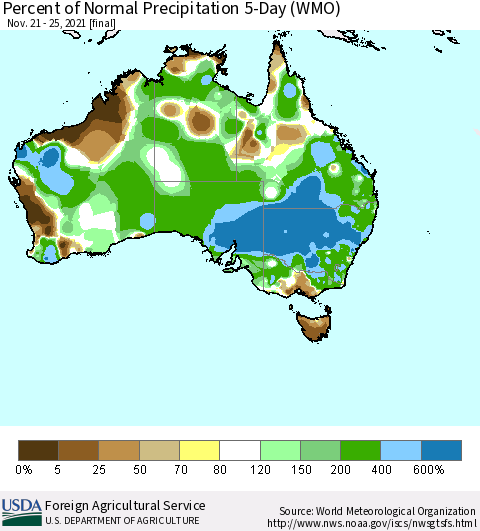 Australia Percent of Normal Precipitation 5-Day (WMO) Thematic Map For 11/21/2021 - 11/25/2021