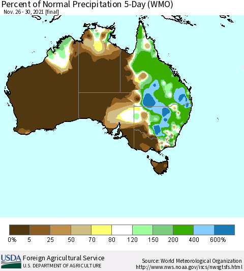 Australia Percent of Normal Precipitation 5-Day (WMO) Thematic Map For 11/26/2021 - 11/30/2021