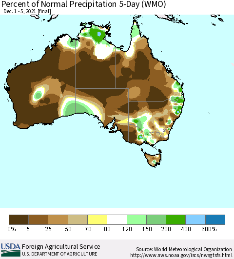 Australia Percent of Normal Precipitation 5-Day (WMO) Thematic Map For 12/1/2021 - 12/5/2021