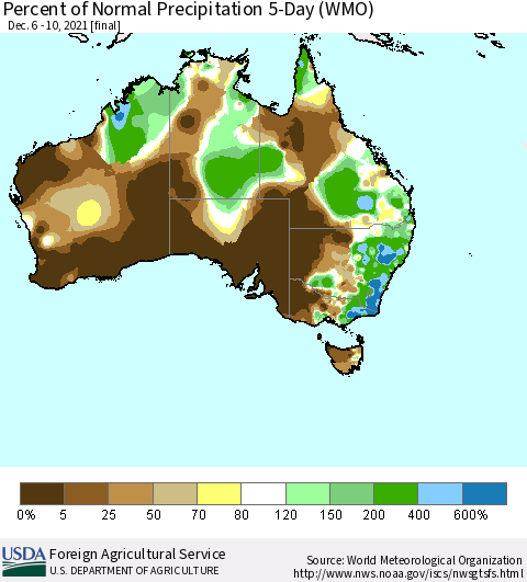 Australia Percent of Normal Precipitation 5-Day (WMO) Thematic Map For 12/6/2021 - 12/10/2021