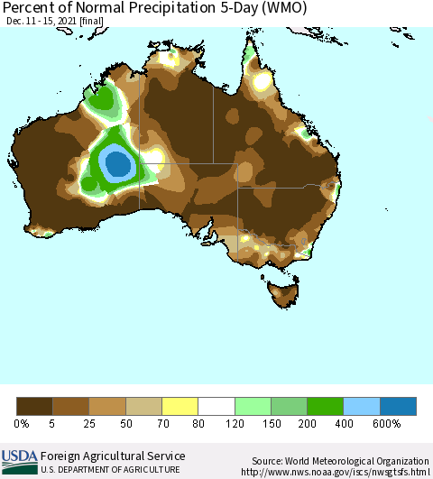 Australia Percent of Normal Precipitation 5-Day (WMO) Thematic Map For 12/11/2021 - 12/15/2021