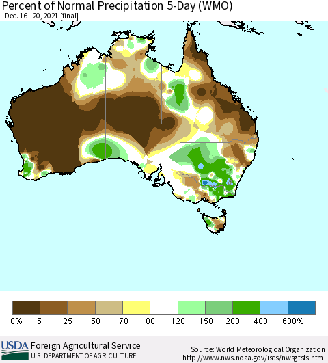 Australia Percent of Normal Precipitation 5-Day (WMO) Thematic Map For 12/16/2021 - 12/20/2021