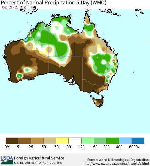 Australia Percent of Normal Precipitation 5-Day (WMO) Thematic Map For 12/21/2021 - 12/25/2021