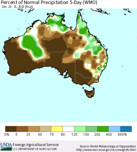 Australia Percent of Normal Precipitation 5-Day (WMO) Thematic Map For 12/26/2021 - 12/31/2021