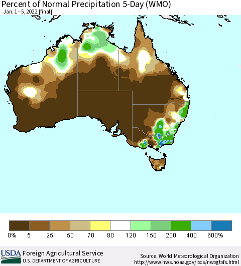 Australia Percent of Normal Precipitation 5-Day (WMO) Thematic Map For 1/1/2022 - 1/5/2022