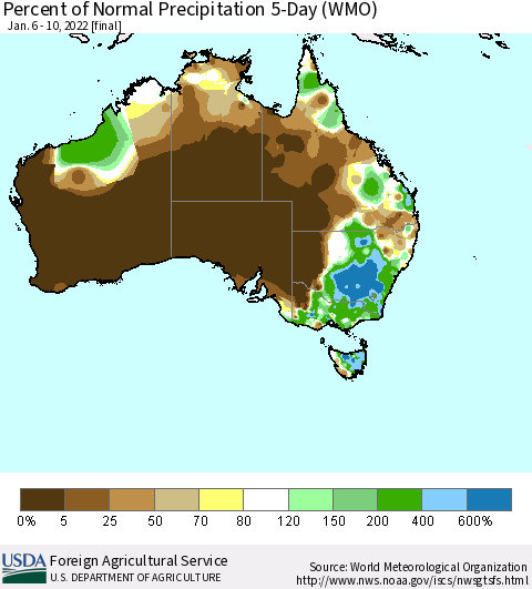 Australia Percent of Normal Precipitation 5-Day (WMO) Thematic Map For 1/6/2022 - 1/10/2022