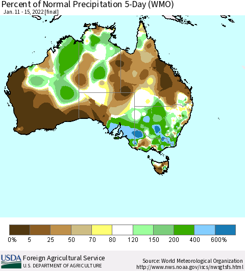 Australia Percent of Normal Precipitation 5-Day (WMO) Thematic Map For 1/11/2022 - 1/15/2022