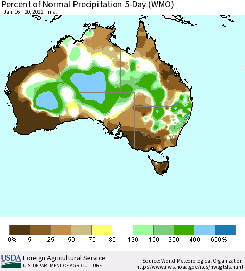 Australia Percent of Normal Precipitation 5-Day (WMO) Thematic Map For 1/16/2022 - 1/20/2022
