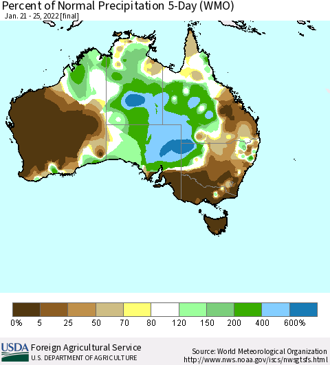 Australia Percent of Normal Precipitation 5-Day (WMO) Thematic Map For 1/21/2022 - 1/25/2022